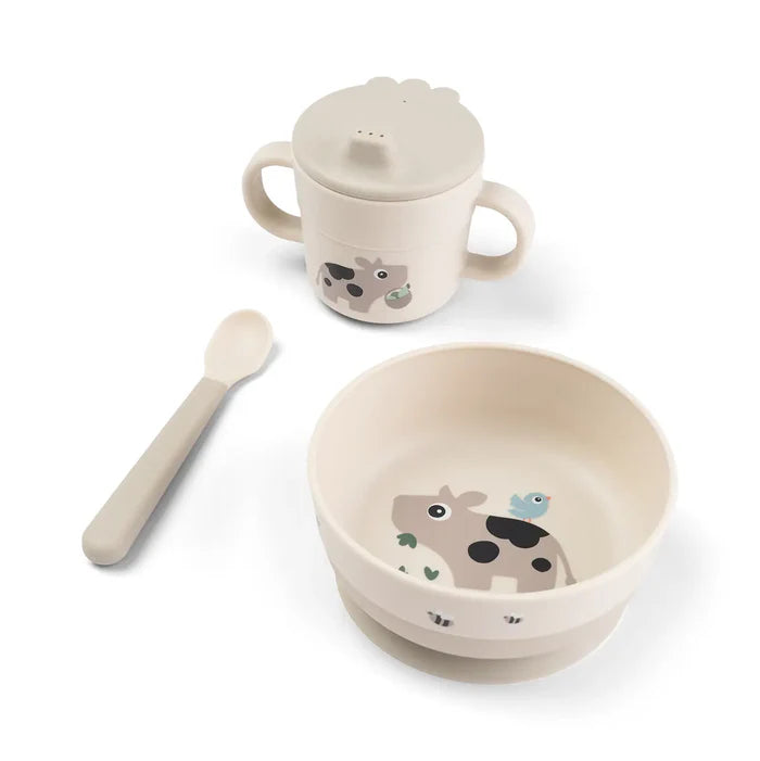 Foodie first meal Geschirr-Set mit Saugfuß Tiny farm Sand